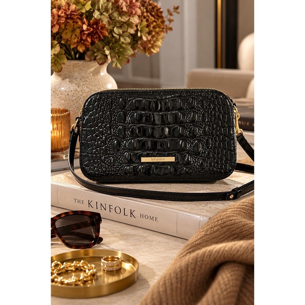 Brahmin Danica Crossbody Bag Black Melbourne Croc Embossed Leather NWOT New